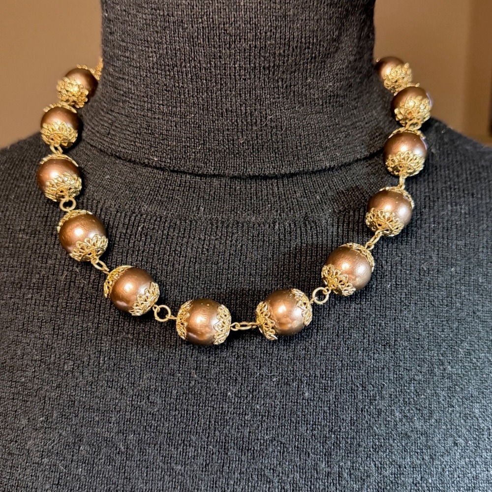 Vintage Style Bronze Bead Necklace Filigree Caps Statement Chain